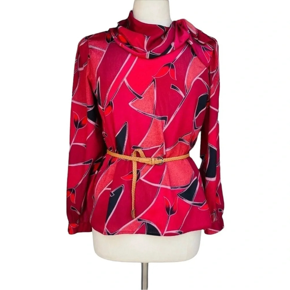 PYKETTES Women’s Size 10 Magenta Long Sleeve Vintage Tie Neck Blouse